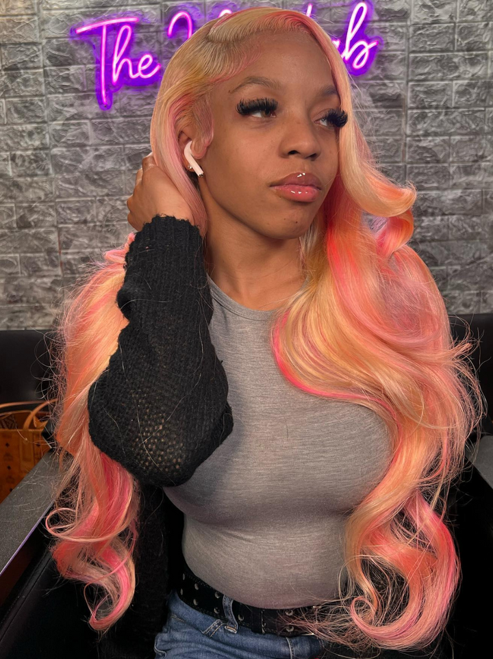 Dorsanee Black Friday Blonde With Pink Highlight Streaks 13x4 Lace Front Body Wave Hair Wigs