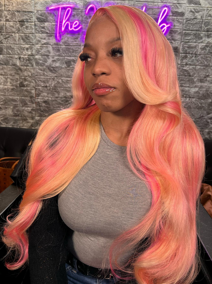 Dorsanee Black Friday Blonde With Pink Highlight Streaks 13x4 Lace Front Body Wave Hair Wigs