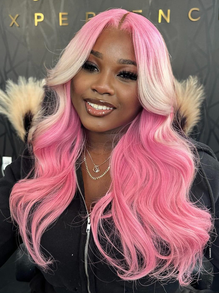 Dorsanee Pink Wig With Blonde Streaks 200 Density 13x4 Lace Front Human Hair Wigs