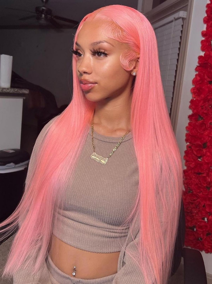 Dorsanee Rose Gold Pink Colored Wig Straight 13x4 Lace Front Human Hair Wigs 200% Density