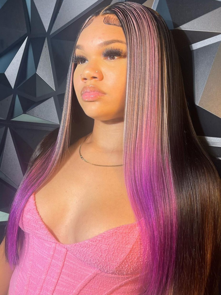 Dorsanee Purple Blue Streaks Highlight 13X4 Lace Front Straight Human Hair Weave Wigs