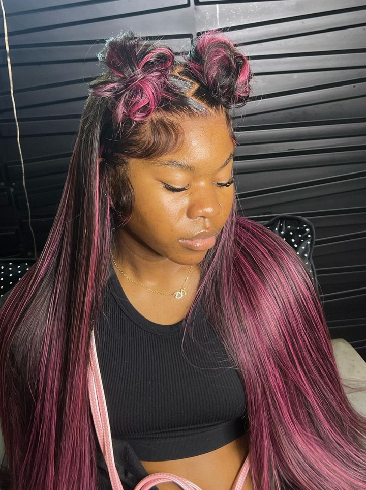 Dorsanee 13x4 Lace Front Black Straight Human Hair Weave Wig With Purple Highlights