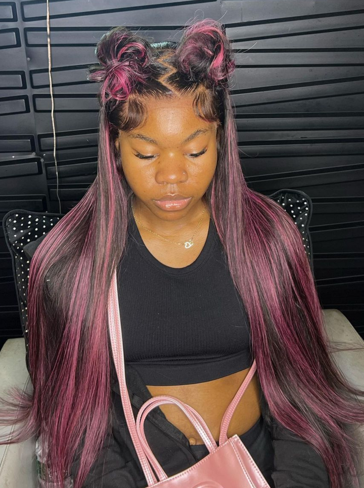 Dorsanee 13x4 Lace Front Black Straight Human Hair Weave Wig With Purple Highlights