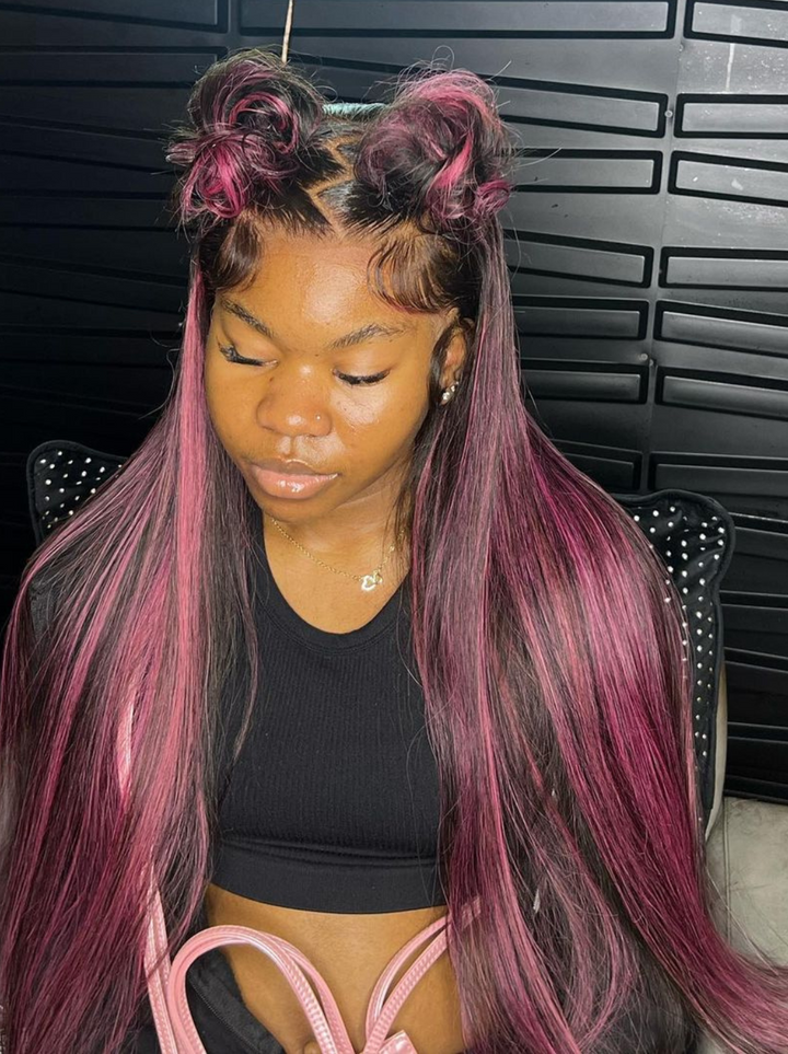 Dorsanee 13x4 Lace Front Black Straight Human Hair Weave Wig With Purple Highlights