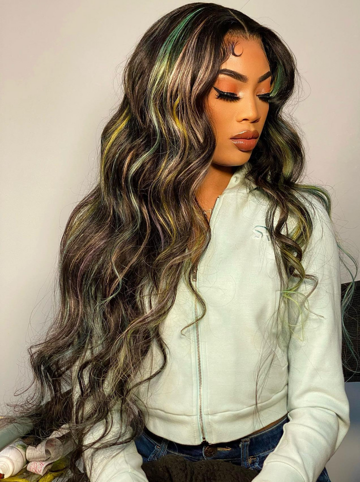 Dorsanee Rainbow Pink Green Yellow Blue Highlight Multi Color 13x4 Lace Front Human Hair Wigs