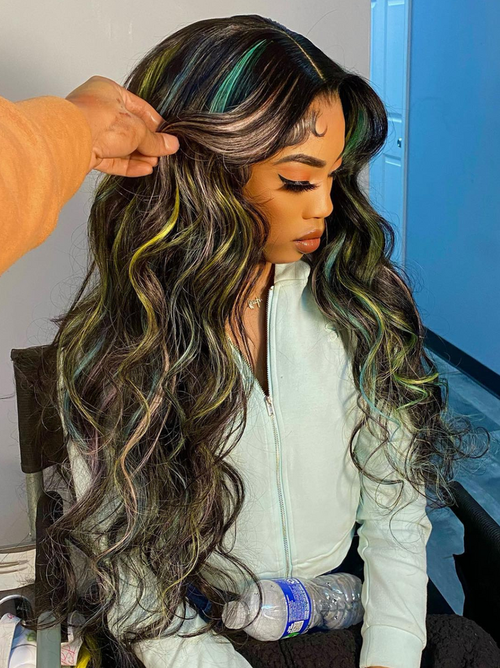 Dorsanee Rainbow Pink Green Yellow Blue Highlight Multi Color 13x4 Lace Front Human Hair Wigs
