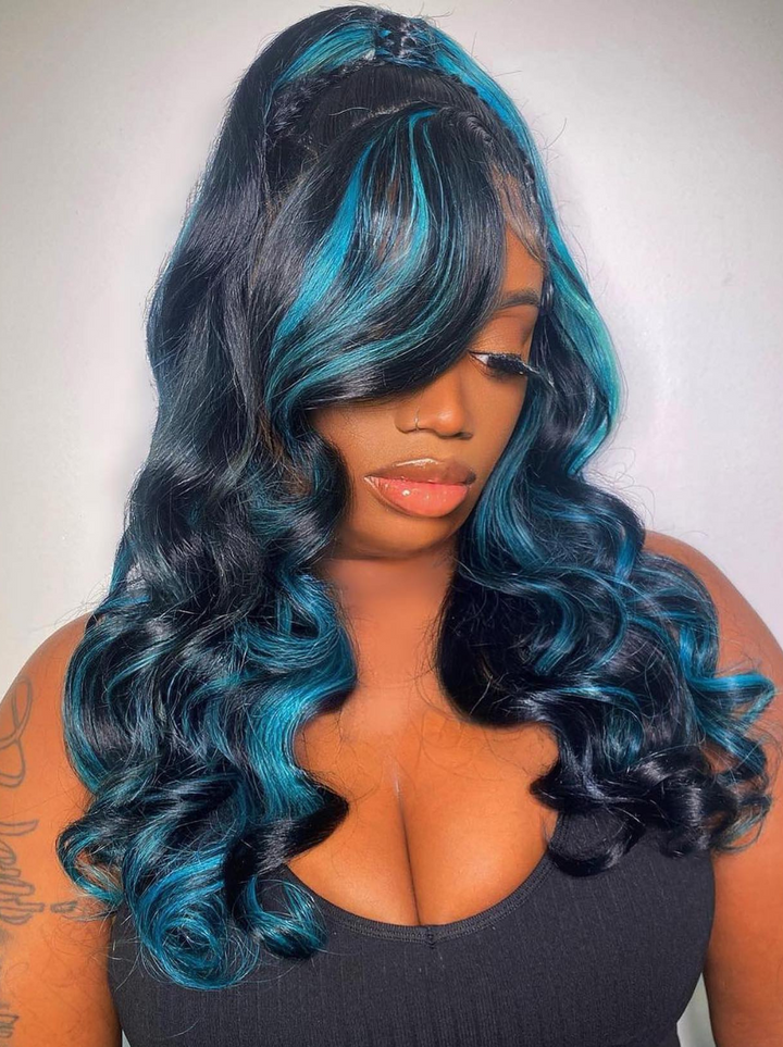 Dorsanee Blue Red Blonde Highlight 13x4 HD Lace Front Body Wave Human Hair Wigs