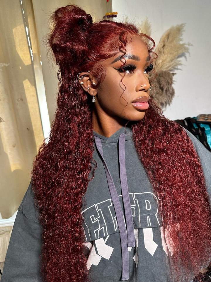 Dorsanee Glueless Water Wave Lace Front Wig Reddish Brown Colored Human Hair Wigs Breathable Airy Cap