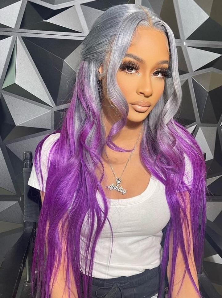 Dorsanee Ombre Gray Purple 13x4 Lace Front Straight Body Wave Human Hair Wigs