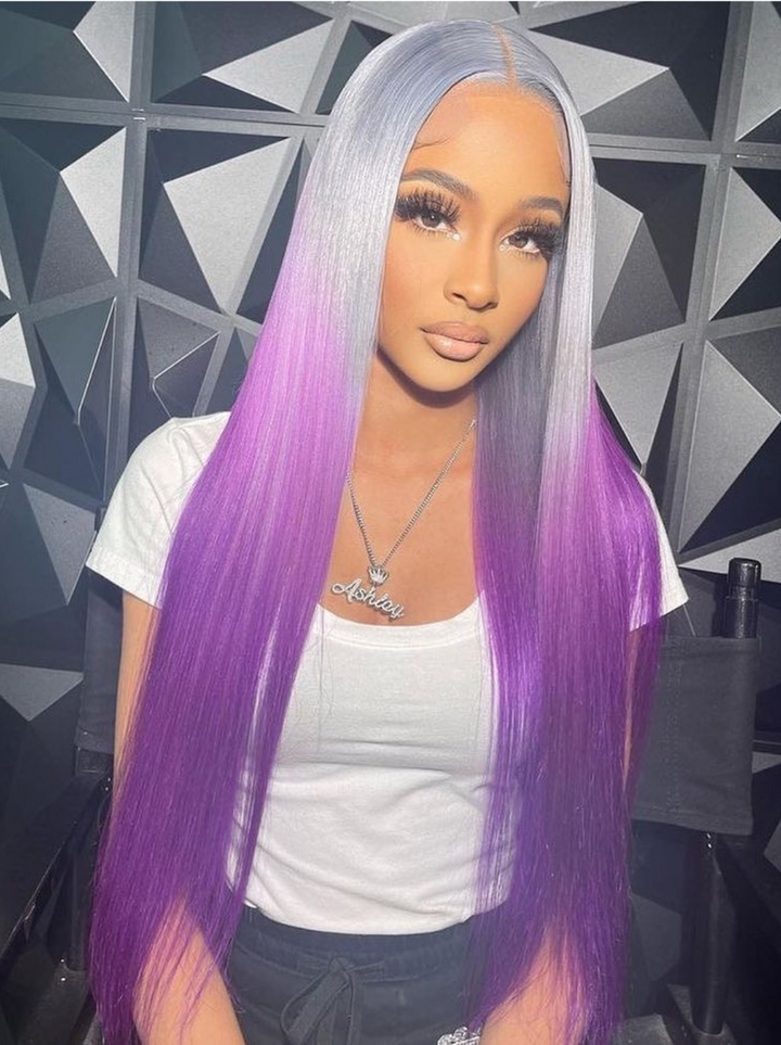Dorsanee Ombre Gray Purple 13x4 Lace Front Straight Body Wave Human Hair Wigs