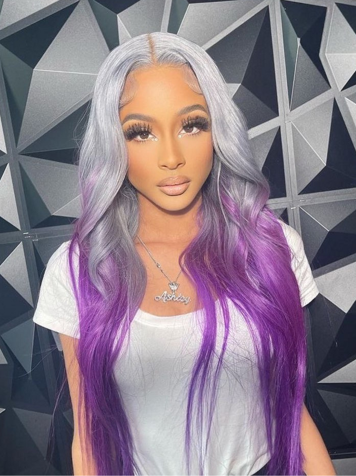 Dorsanee Ombre Gray Purple 13x4 Lace Front Straight Body Wave Human Hair Wigs