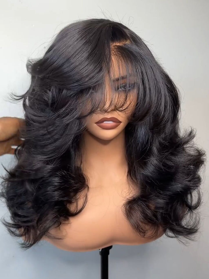 Dorsanee Side Part Layer Cut Straight 13X4 Lace Front Human Hair Wigs With Bangs 250 300 Density