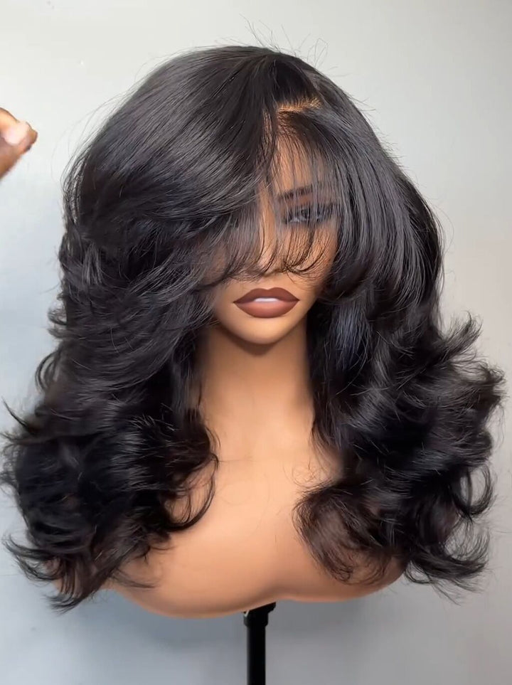 Dorsanee Side Part Layer Cut Straight 13X4 Lace Front Human Hair Wigs With Bangs 250 300 Density