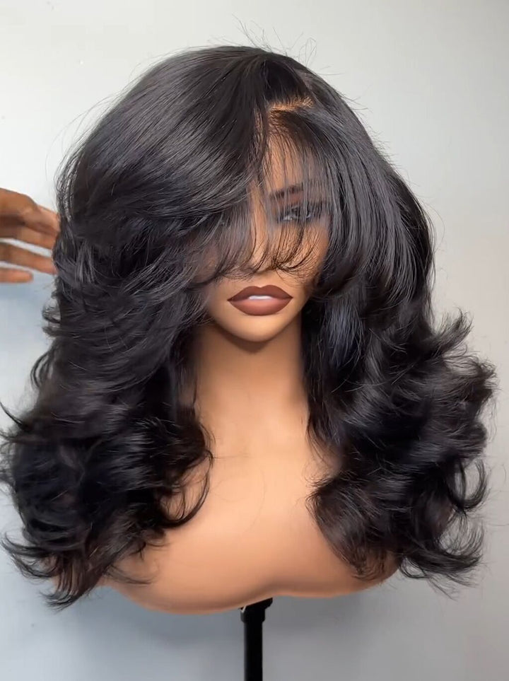 Dorsanee Side Part Layer Cut Straight 13X4 Lace Front Human Hair Wigs With Bangs 250 300 Density