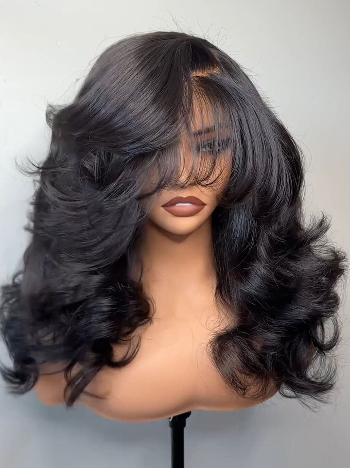 Dorsanee Side Part Layer Cut Straight 13X4 Lace Front Human Hair Wigs With Bangs 250 300 Density