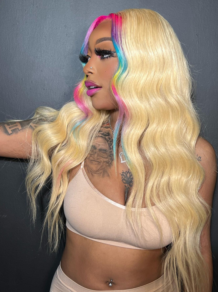 Dorsanee Skunk Stripe Red Purple Yellow Pink Blue Color 13x4 Lace Front Human Hair Wigs