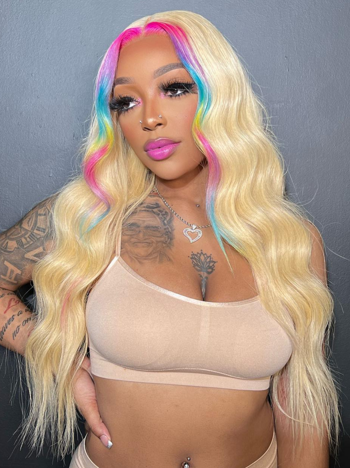 Dorsanee Skunk Stripe Red Purple Yellow Pink Blue Color 13x4 Lace Front Human Hair Wigs