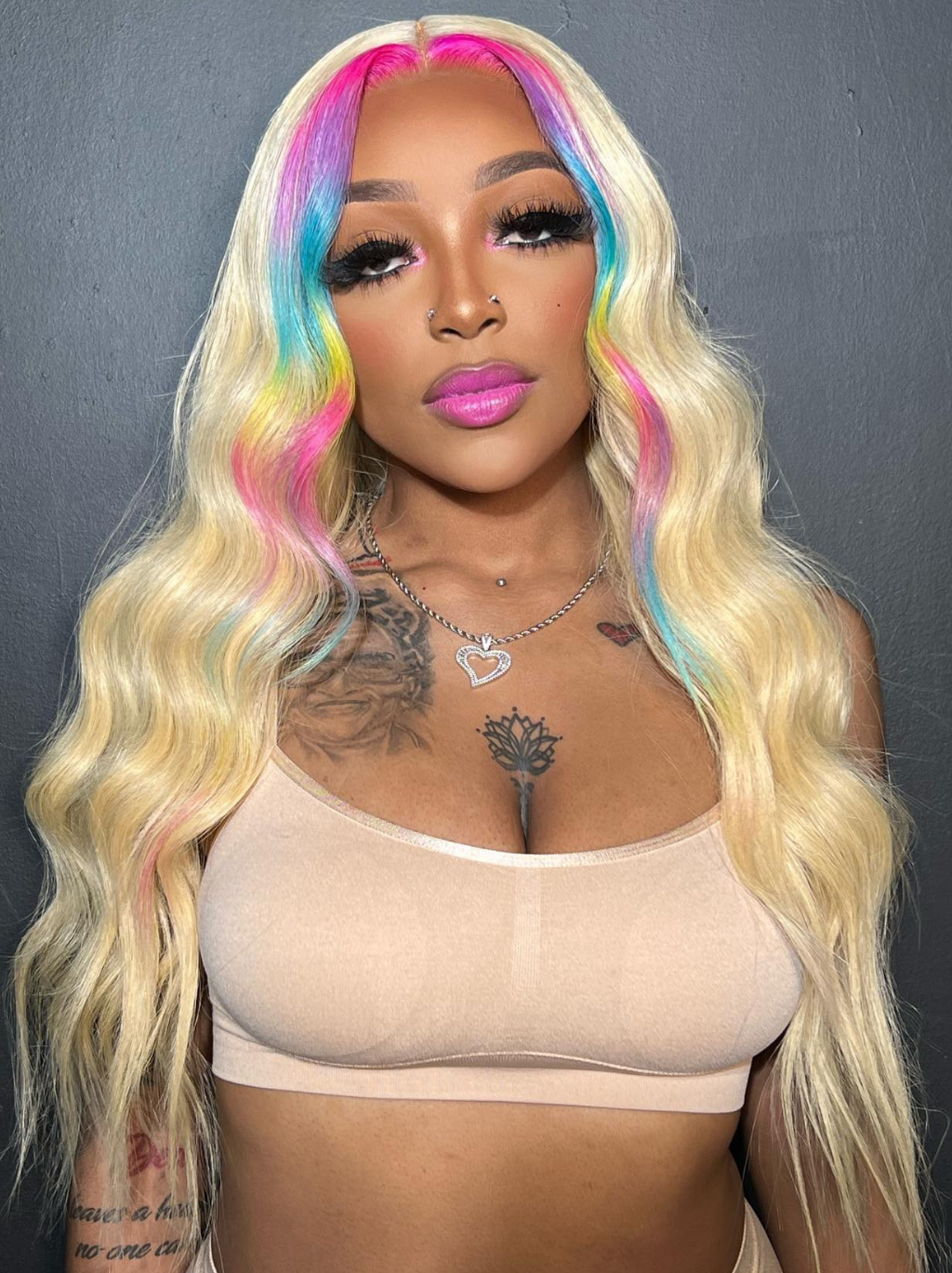 Dorsanee Skunk Stripe Red Purple Yellow Pink Blue Color 13x4 Lace Front Human Hair Wigs
