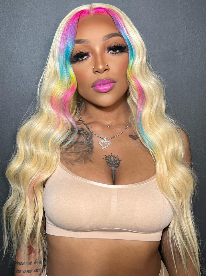 Dorsanee Skunk Stripe Red Purple Yellow Pink Blue Color 13x4 Lace Front Human Hair Wigs