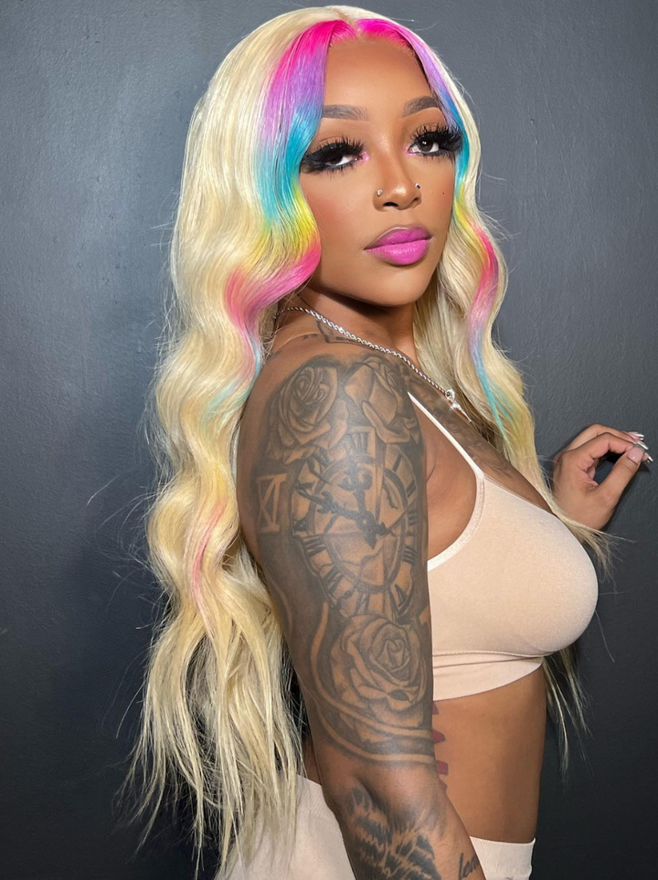 Dorsanee Skunk Stripe Red Purple Yellow Pink Blue Color 13x4 Lace Front Human Hair Wigs
