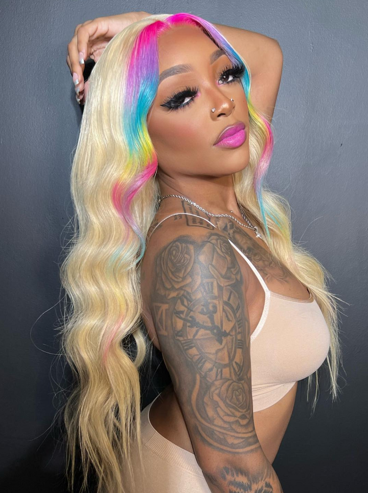 Dorsanee Skunk Stripe Red Purple Yellow Pink Blue Color 13x4 Lace Front Human Hair Wigs
