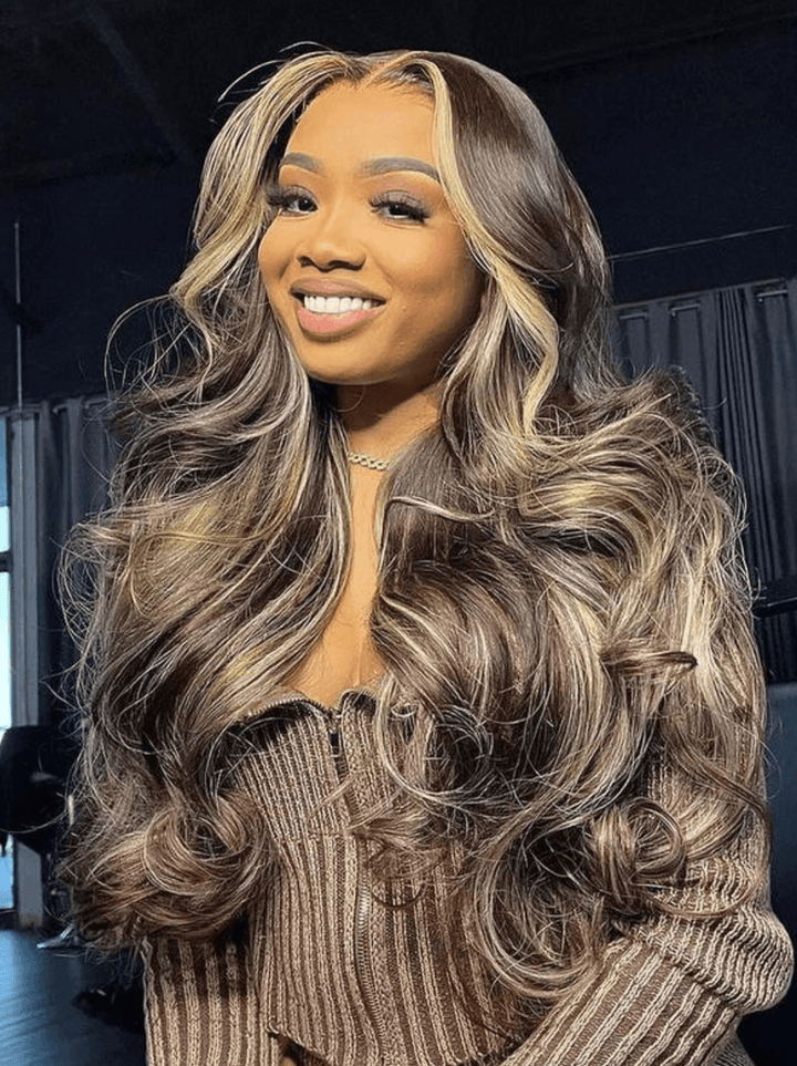 Dorsanee Strawberry Blonde Chocolate Brown  Skunk Stripe Highlight Streaks 13x4 Lace Front Human Hair Wigs