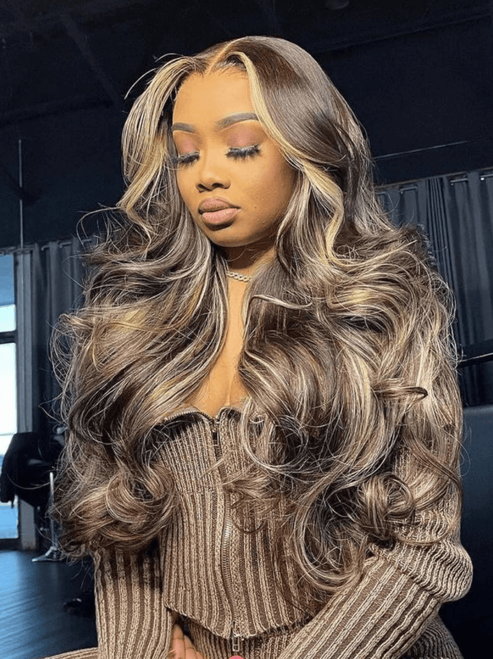 Dorsanee Strawberry Blonde Chocolate Brown  Skunk Stripe Highlight Streaks 13x4 Lace Front Human Hair Wigs