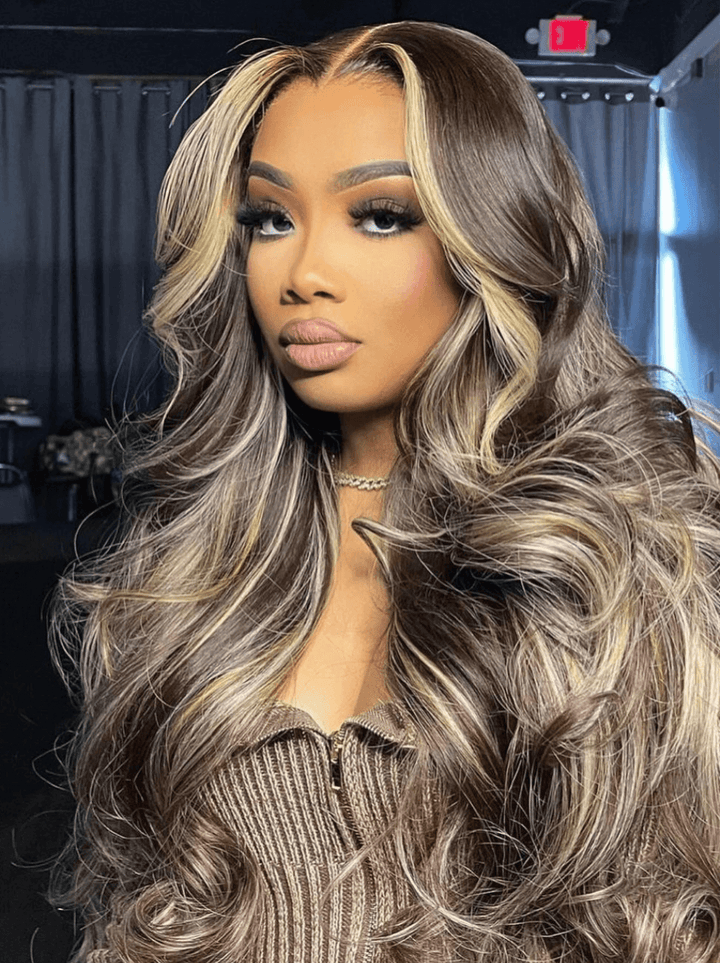 Dorsanee Strawberry Blonde Chocolate Brown  Skunk Stripe Highlight Streaks 13x4 Lace Front Human Hair Wigs
