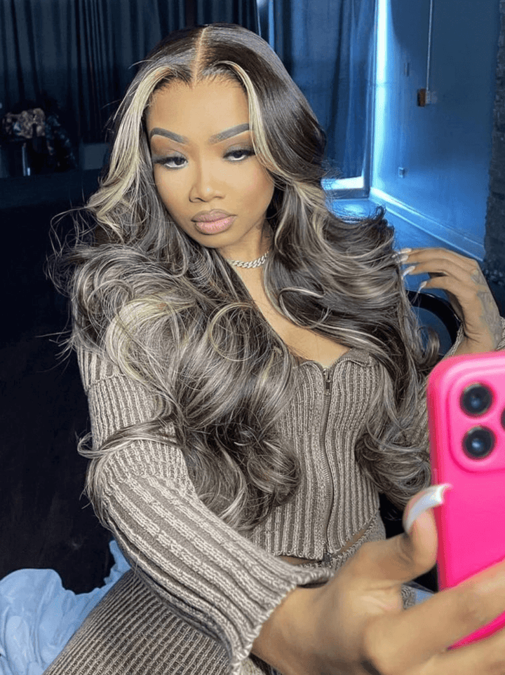 Dorsanee Strawberry Blonde Chocolate Brown  Skunk Stripe Highlight Streaks 13x4 Lace Front Human Hair Wigs