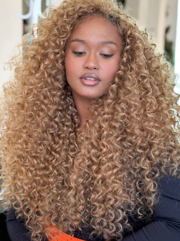 Dorsanee Strawberry Honey Blonde Tighter Curls 250 300 Density 13x4 HD Lace Front Human Hair Wigs
