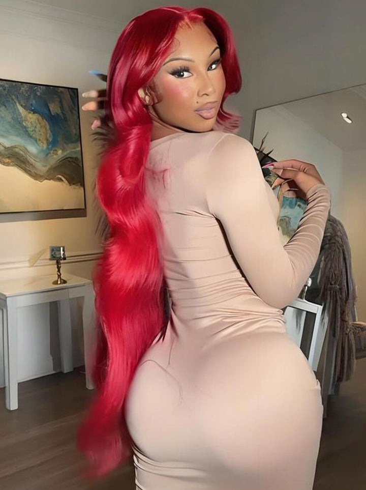 Dorsanee Vibrant Burgundy Red 42 40 38 36 34 32 30 inch Knee Length 13x4 Lace Front Human Hair Wigs