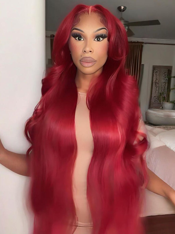 Dorsanee Vibrant Burgundy Red 42 40 38 36 34 32 30 inch Knee Length 13x4 Lace Front Human Hair Wigs