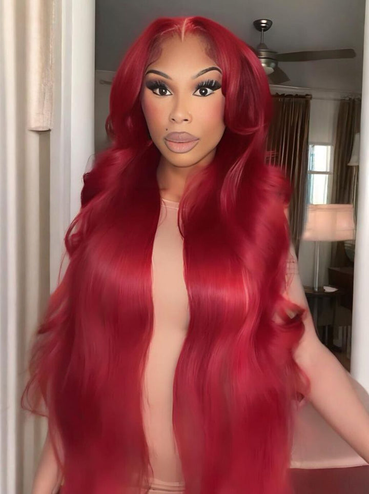 Dorsanee Vibrant Burgundy Red 42 40 38 36 34 32 30 inch Knee Length 13x4 Lace Front Human Hair Wigs
