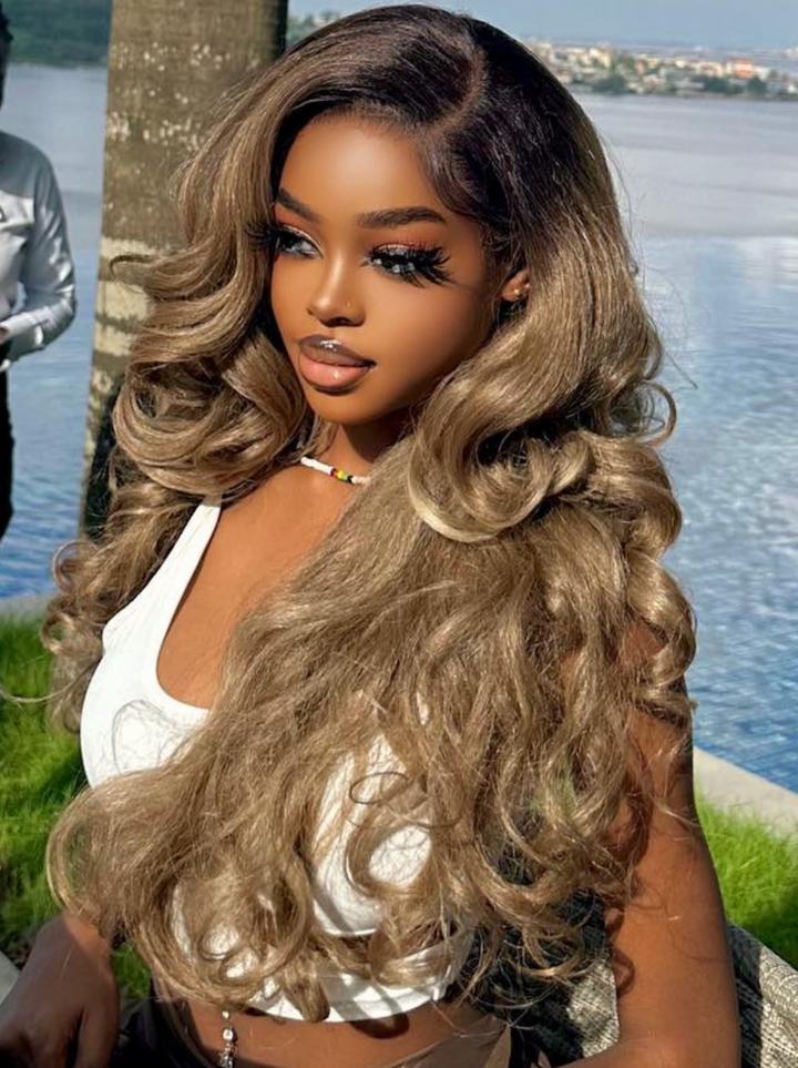 Dorsanee Ash Honey Blonde Brown Body Wave Human Hair Wigs With Black Roots