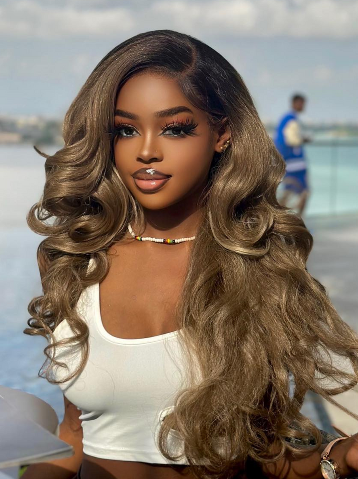 Dorsanee Ash Honey Blonde Brown Body Wave Human Hair Wigs With Black Roots