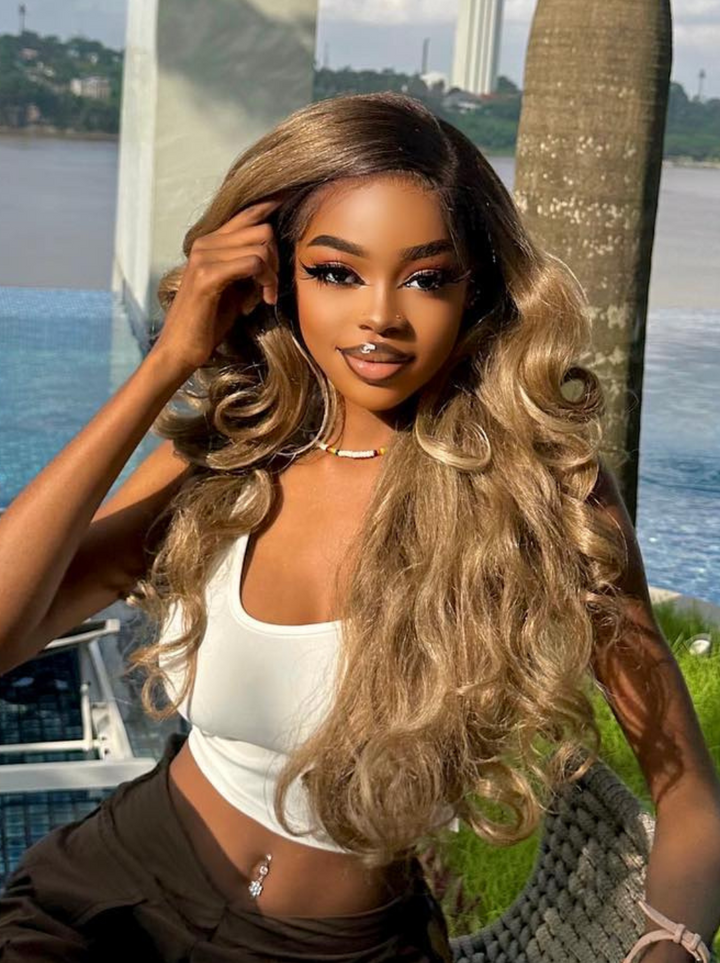 Dorsanee Ash Honey Blonde Brown Body Wave Human Hair Wigs With Black Roots