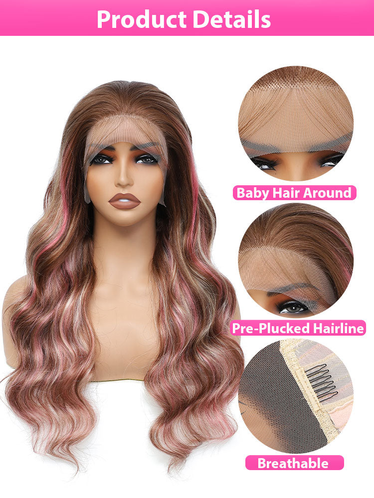 Ombre Ash Blonde Pink Lace Front Wig Human Hair 13x4 Skunk Stripe Highlight Colored Body Wave HD Frontal Wigs Human Hair 180% Density Pre Plucked with Baby Hair Pink Balayage Glueless Wig