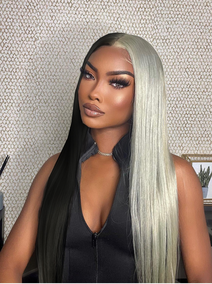 Dorsanee Half Black Half Gray 200 Density 13x4 Lace Front Straight Body Wave Human Hair Wigs