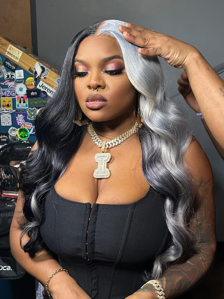 Dorsanee Half Black Half Gray 200 Density 13x4 Lace Front Straight Body Wave Human Hair Wigs
