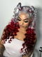 Dorsanee Reverse Ombre Grey Red Burgundy 13x4 Lace Front Wand Curls Loose Deep Wave Human Hair Wigs