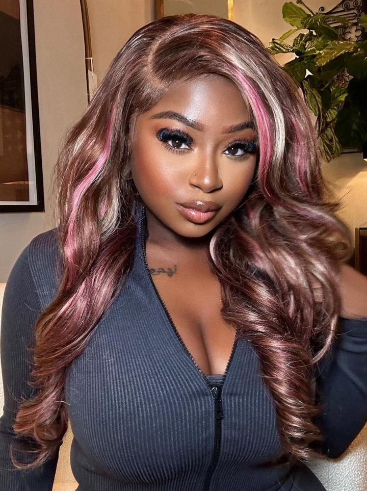Dorsanee 9x6 M-cap Pink Blonde Brown Highlight Streaks Body Wave Human Hair Wig