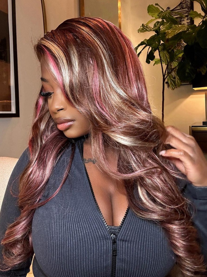 Dorsanee 9x6 M-cap Pink Blonde Brown Highlight Streaks Body Wave Human Hair Wig