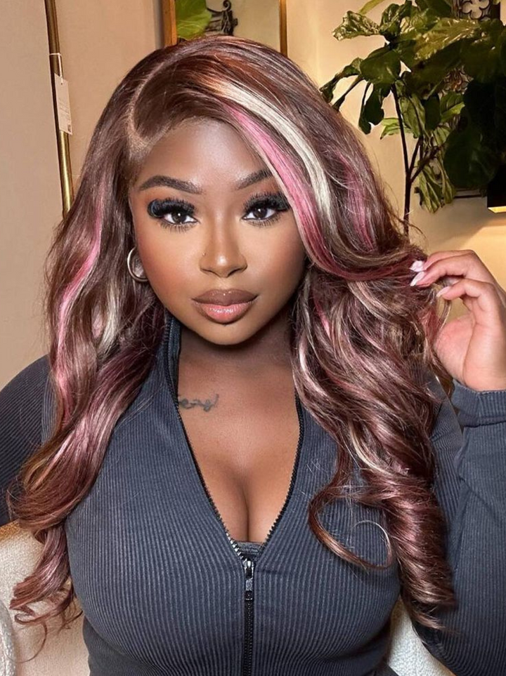 Dorsanee 9x6 M-cap Pink Blonde Brown Highlight Streaks Body Wave Human Hair Wig