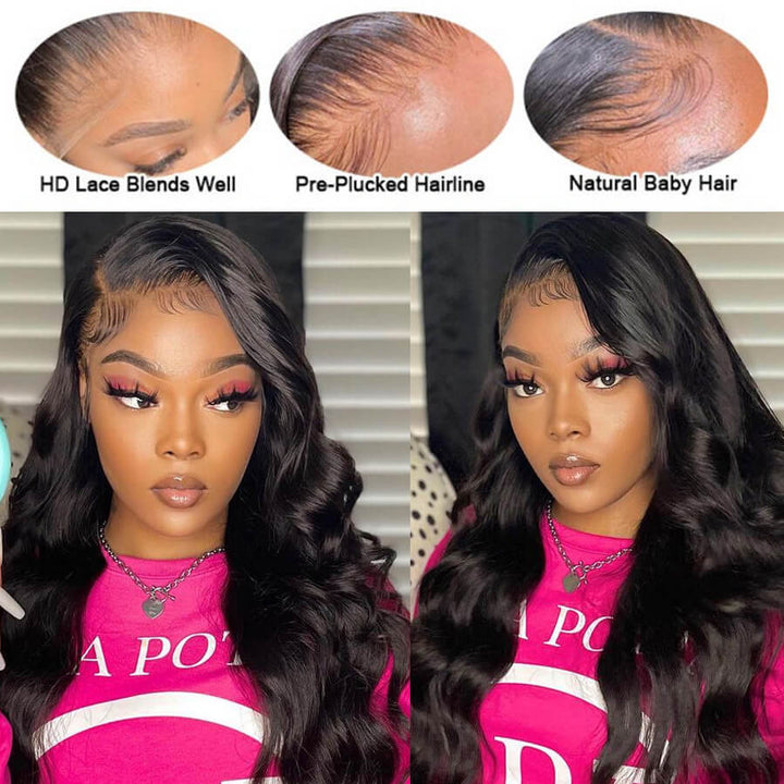 Pre Bleached Knots Body Wave Human Hair Wig Invisible HD Lace Front Wig