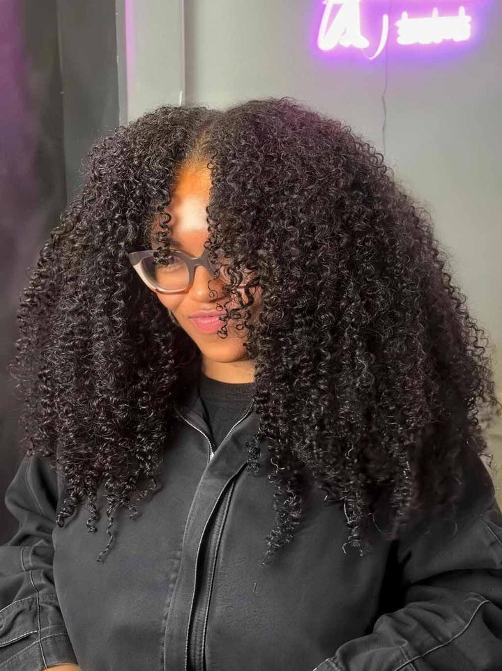 Dorsanee Fluffy Kinky Curly Coils Short Bob Natural Black 13x4 Lace Frontal Human Hair Wigs
