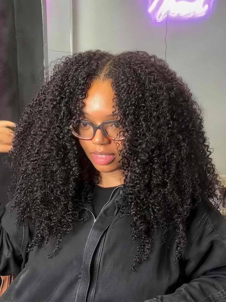 Dorsanee Fluffy Kinky Curly Coils Short Bob Natural Black 13x4 Lace Frontal Human Hair Wigs