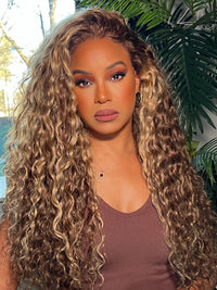 30 Inch = $199 | Honey Blonde Highlight 13x4 Water Wave Lace Frontal Human Hair Wigs