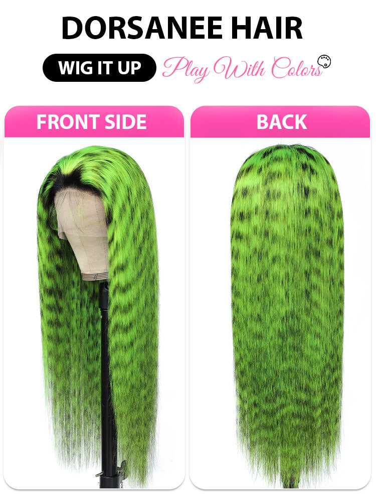 New Color Green With Black Straight 13x4 HD Lace Frontal Human Hair Wigs Leopard Color Hair Wig