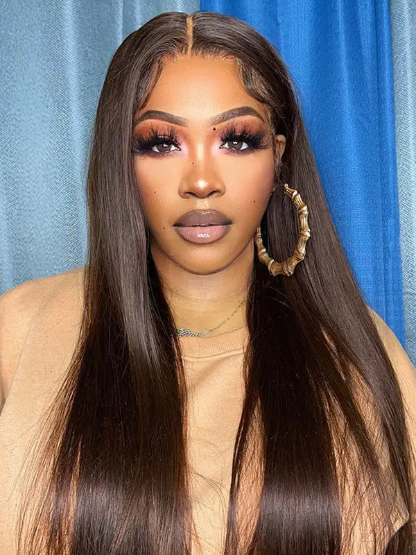 Chocolate Brown Straight Frontal Wigs HD Lace Frontal Wigs Human Hair Pre Plucked