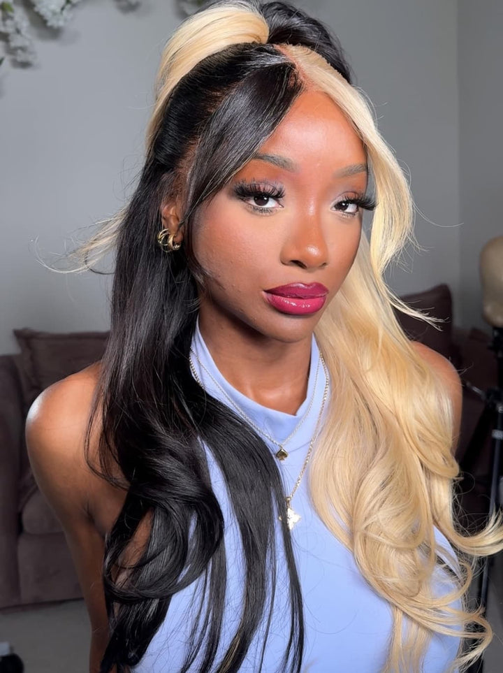 Dorsanee Split Dye Half Blonde Half Black Color 200 Density Lace Front Hair Wig